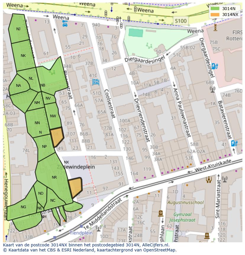 Afbeelding van het postcodegebied 3014 NX op de kaart.