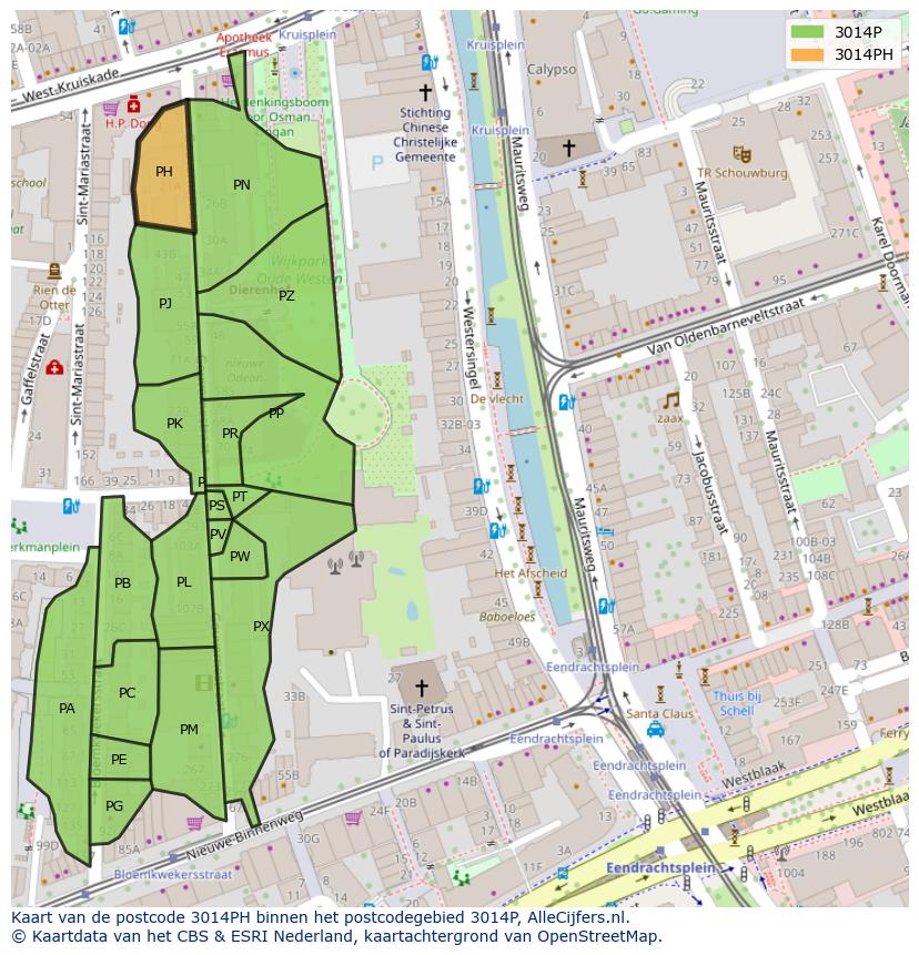Afbeelding van het postcodegebied 3014 PH op de kaart.