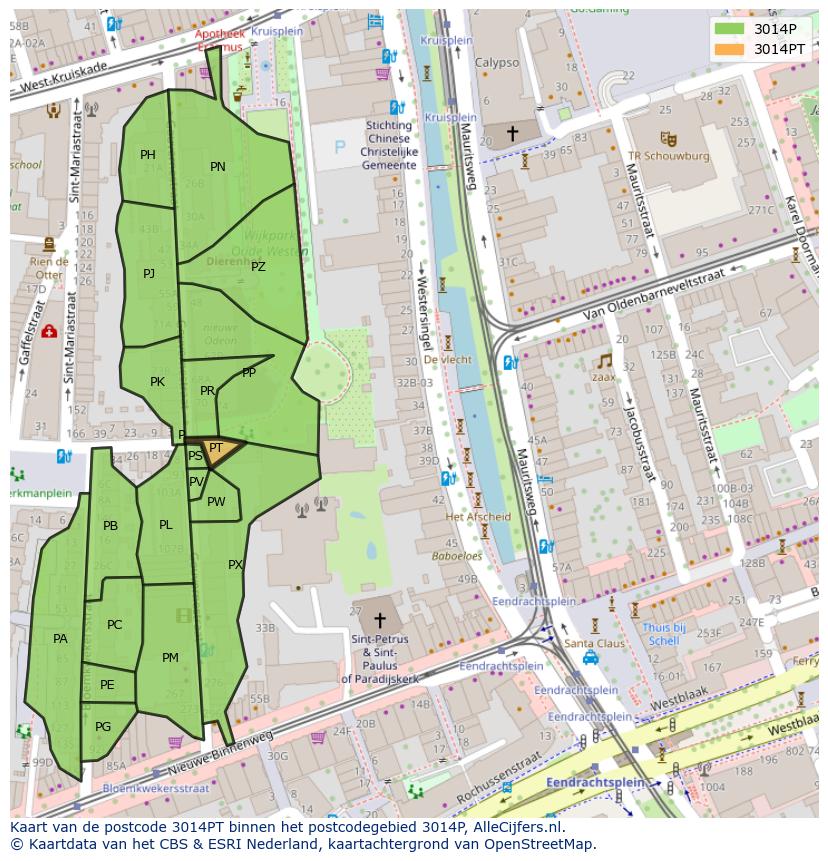 Afbeelding van het postcodegebied 3014 PT op de kaart.