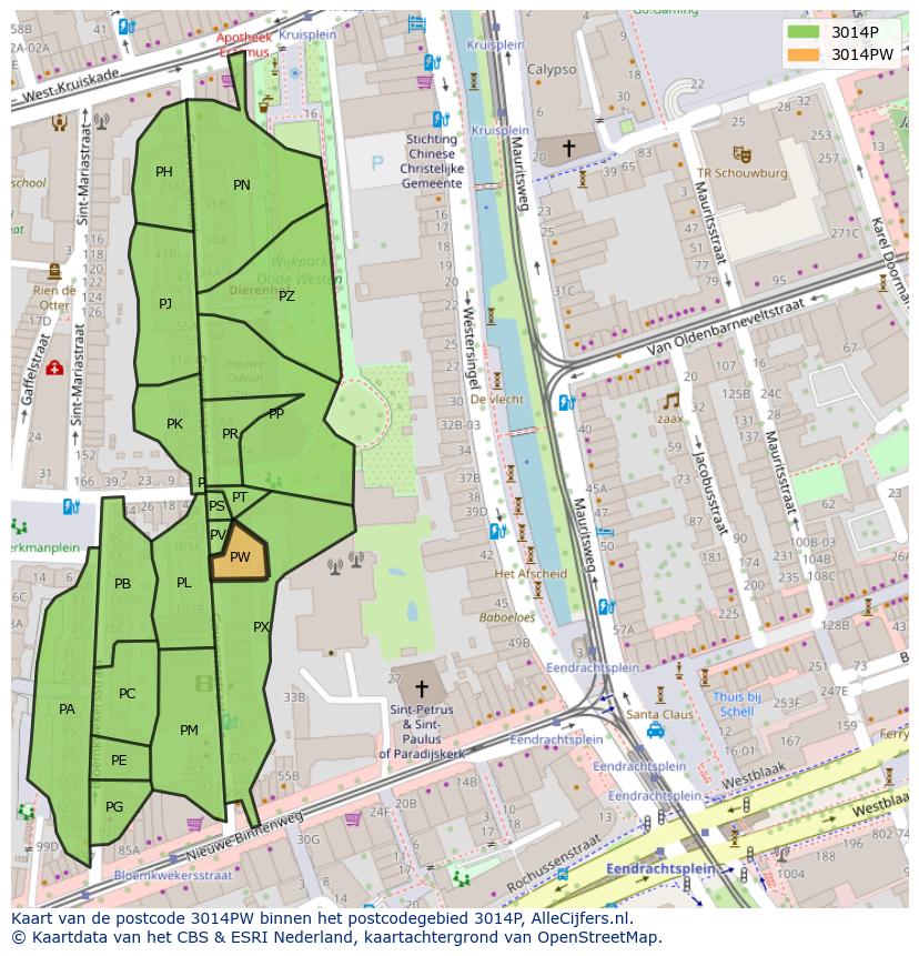 Afbeelding van het postcodegebied 3014 PW op de kaart.