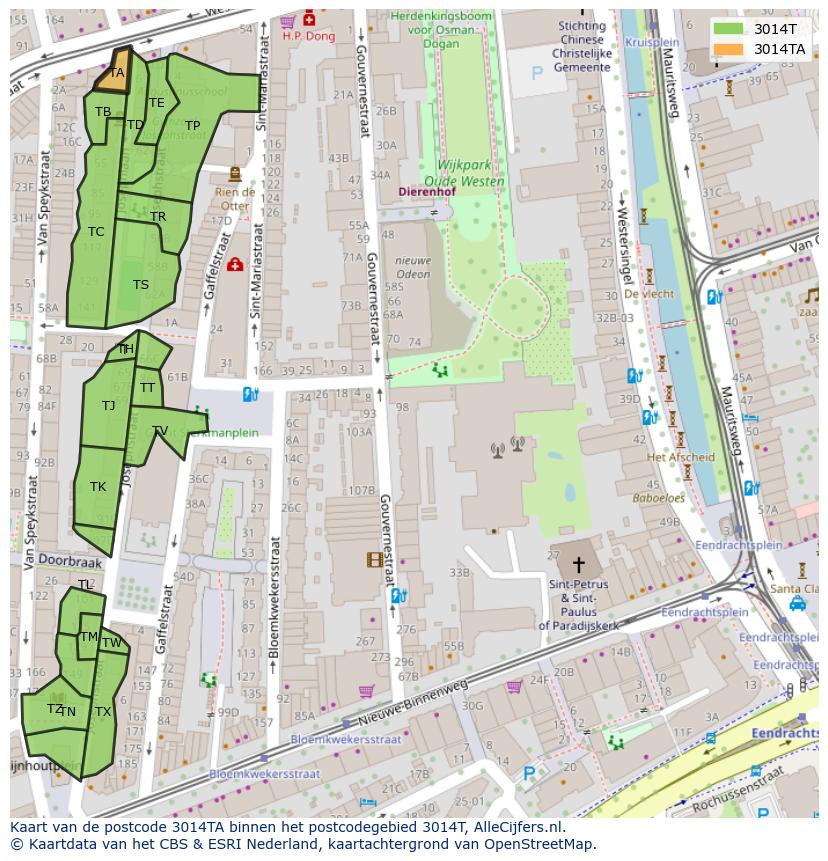 Afbeelding van het postcodegebied 3014 TA op de kaart.