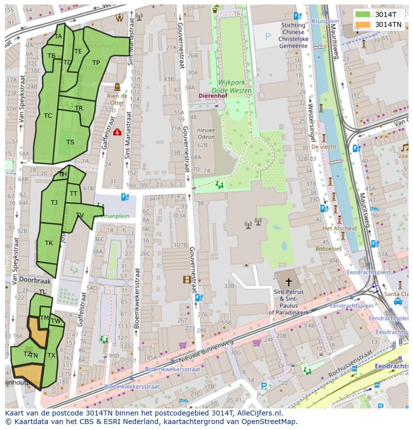 Afbeelding van het postcodegebied 3014 TN op de kaart.