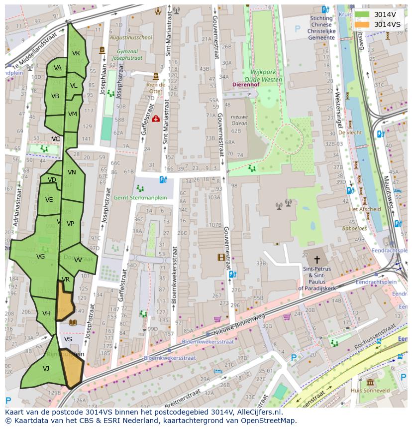 Afbeelding van het postcodegebied 3014 VS op de kaart.