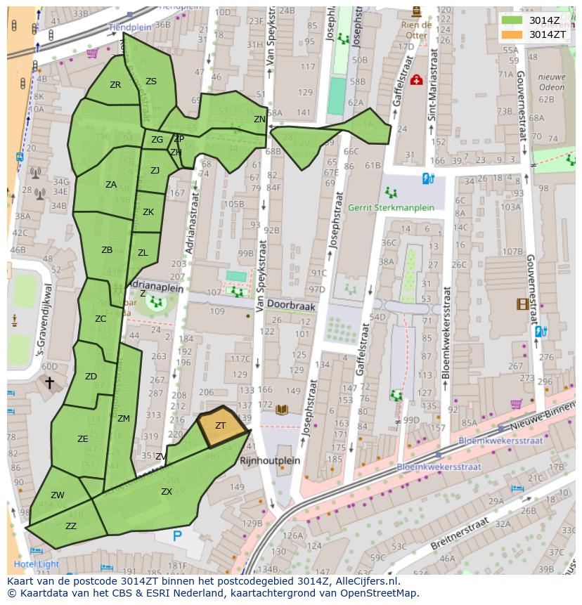Afbeelding van het postcodegebied 3014 ZT op de kaart.