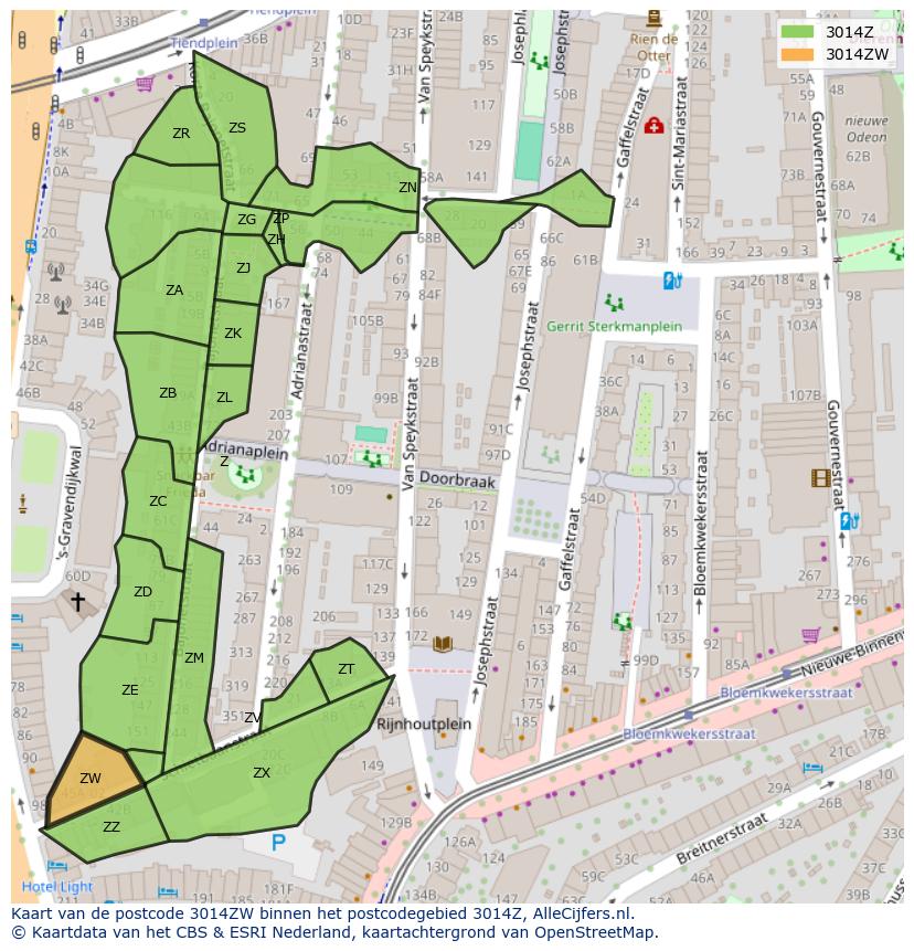 Afbeelding van het postcodegebied 3014 ZW op de kaart.