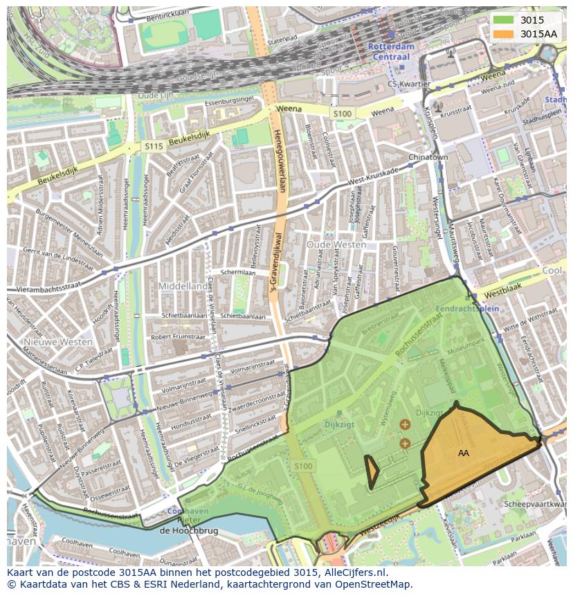 Afbeelding van het postcodegebied 3015 AA op de kaart.