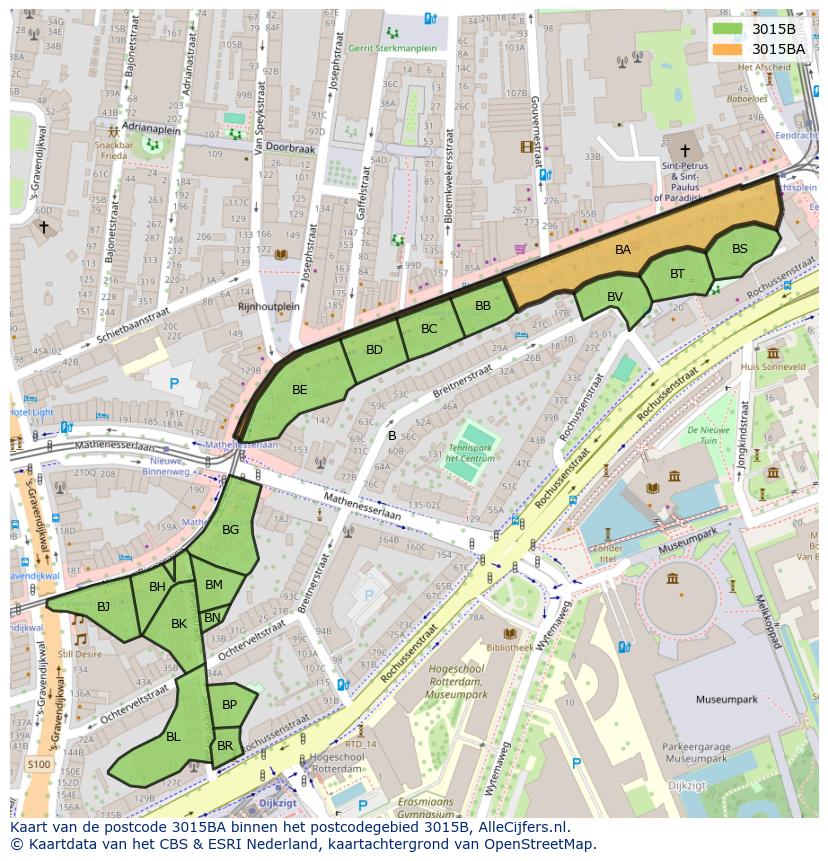 Afbeelding van het postcodegebied 3015 BA op de kaart.
