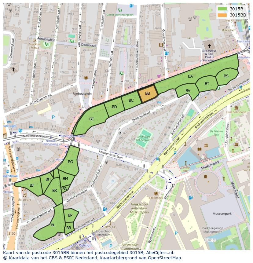 Afbeelding van het postcodegebied 3015 BB op de kaart.