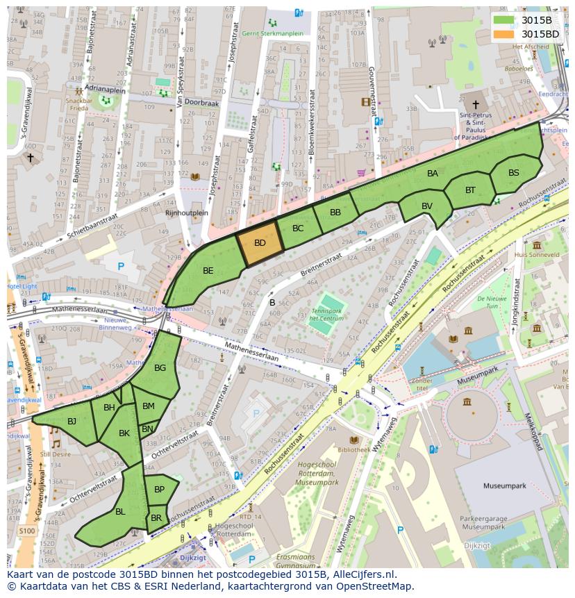 Afbeelding van het postcodegebied 3015 BD op de kaart.