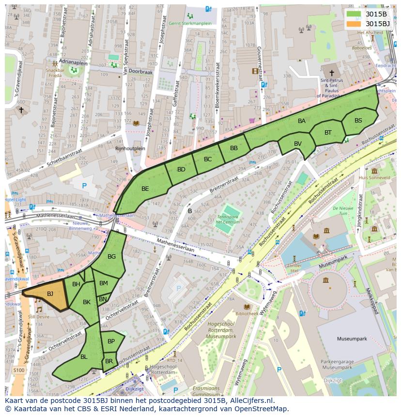 Afbeelding van het postcodegebied 3015 BJ op de kaart.