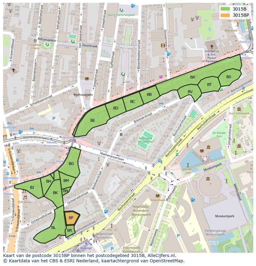 Afbeelding van het postcodegebied 3015 BP op de kaart.