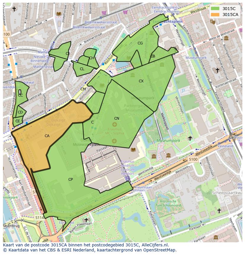 Afbeelding van het postcodegebied 3015 CA op de kaart.
