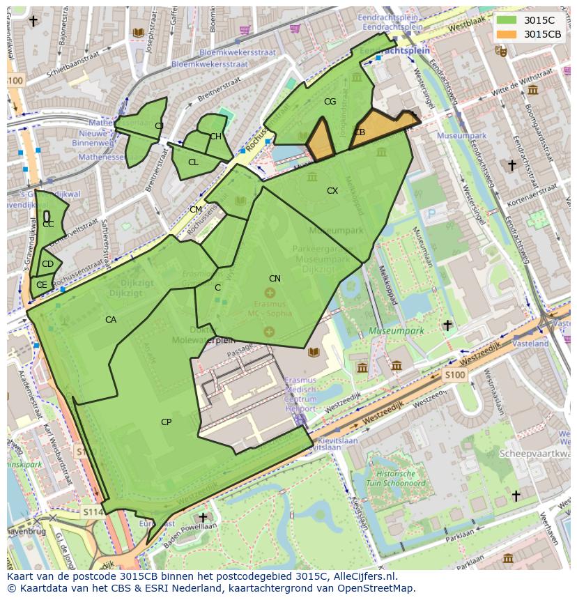 Afbeelding van het postcodegebied 3015 CB op de kaart.