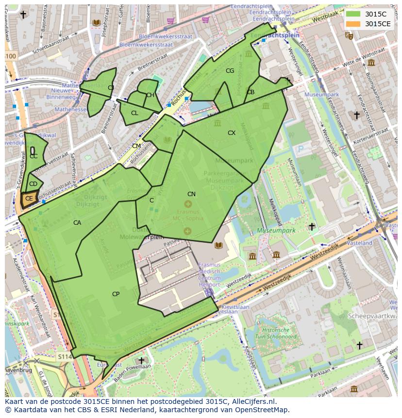 Afbeelding van het postcodegebied 3015 CE op de kaart.