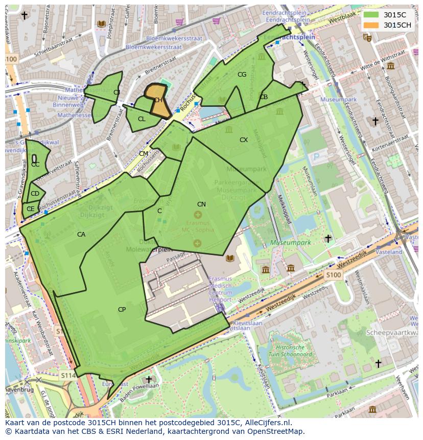 Afbeelding van het postcodegebied 3015 CH op de kaart.