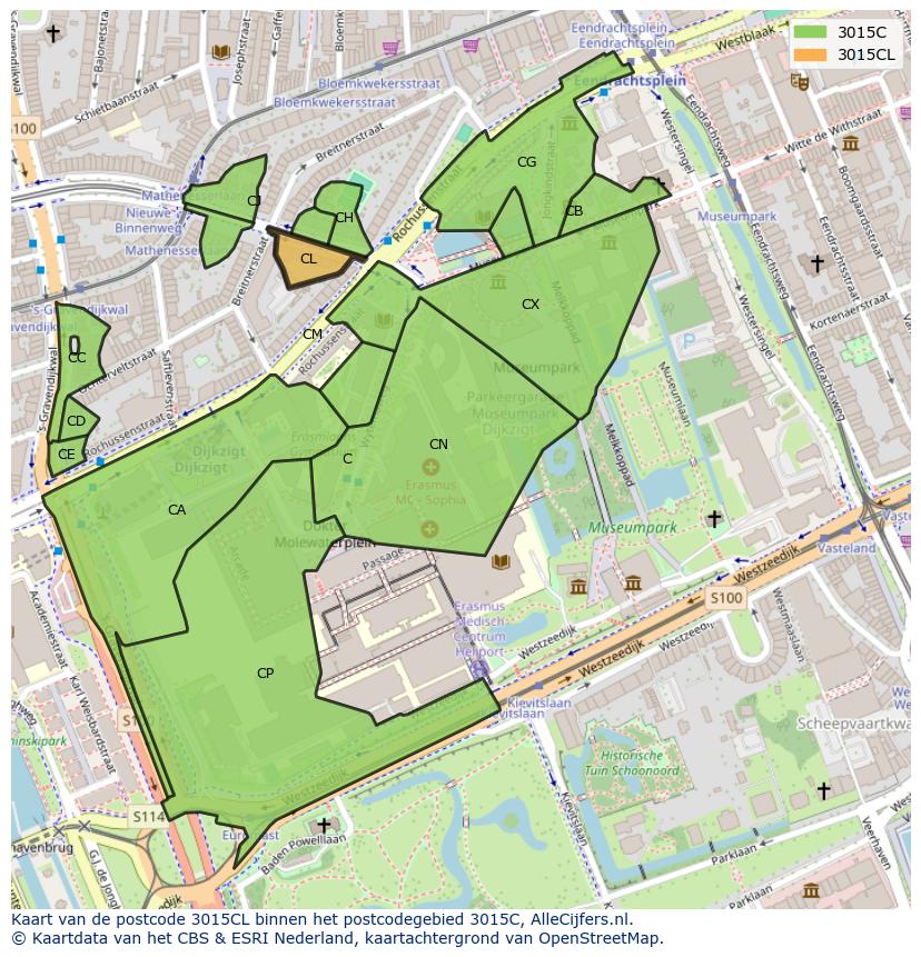 Afbeelding van het postcodegebied 3015 CL op de kaart.