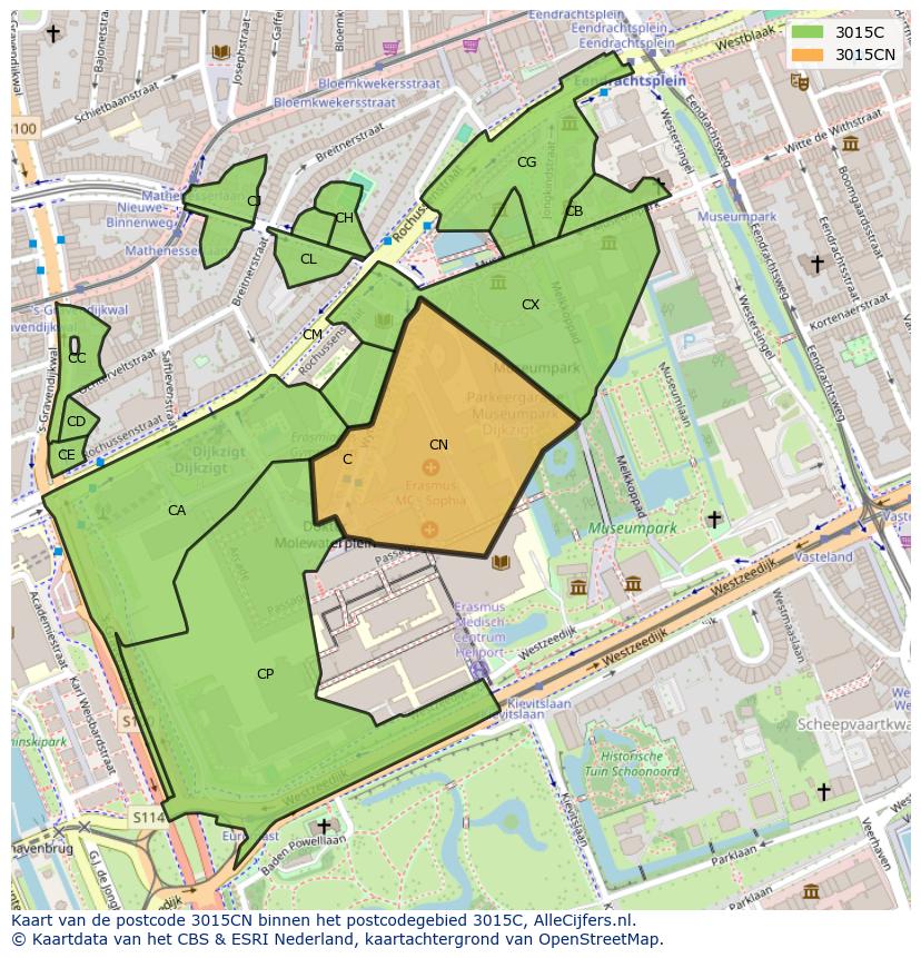 Afbeelding van het postcodegebied 3015 CN op de kaart.