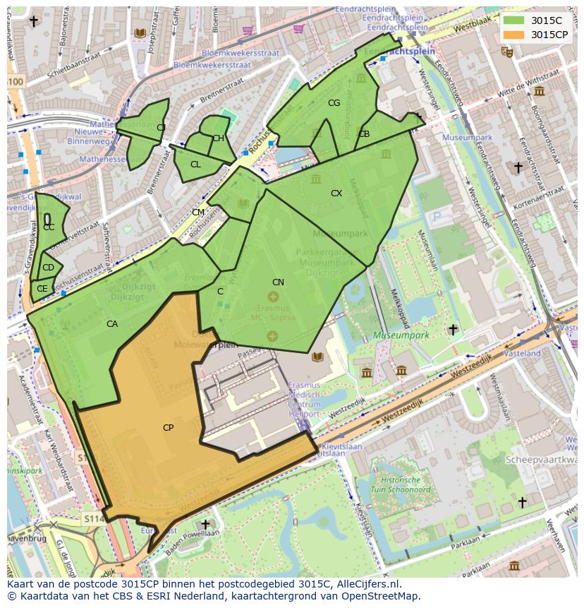 Afbeelding van het postcodegebied 3015 CP op de kaart.