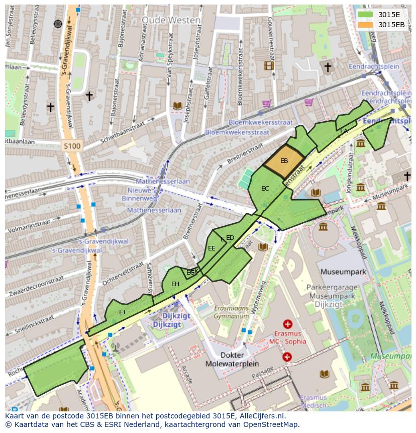 Afbeelding van het postcodegebied 3015 EB op de kaart.