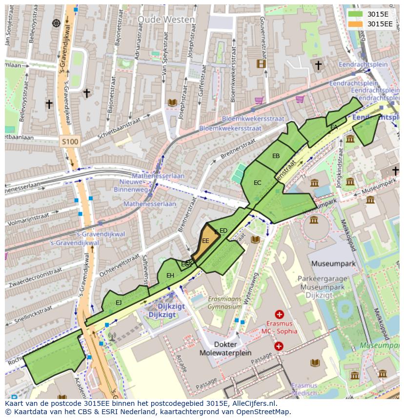 Afbeelding van het postcodegebied 3015 EE op de kaart.