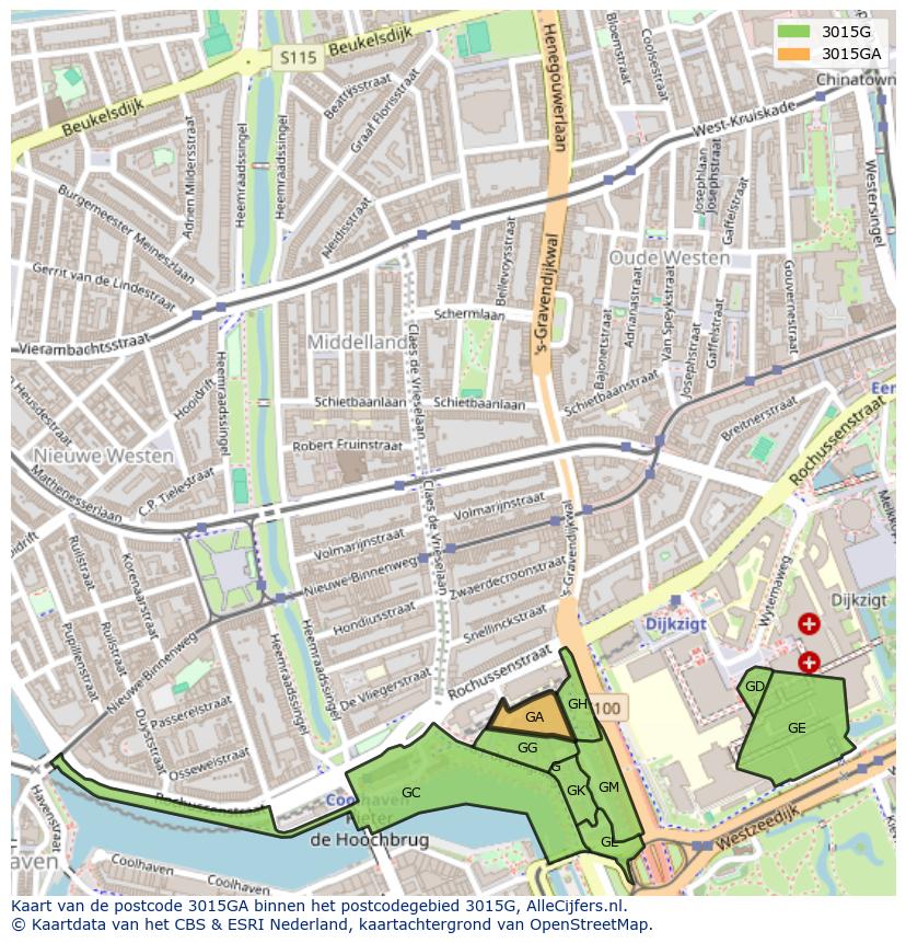 Afbeelding van het postcodegebied 3015 GA op de kaart.