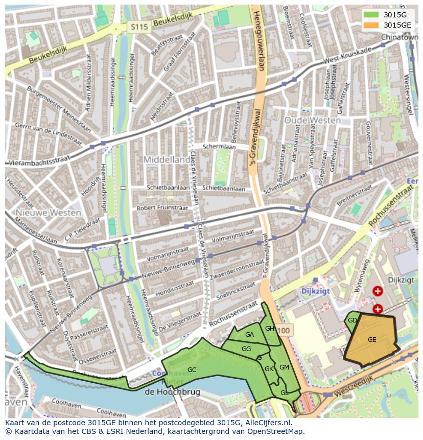 Afbeelding van het postcodegebied 3015 GE op de kaart.