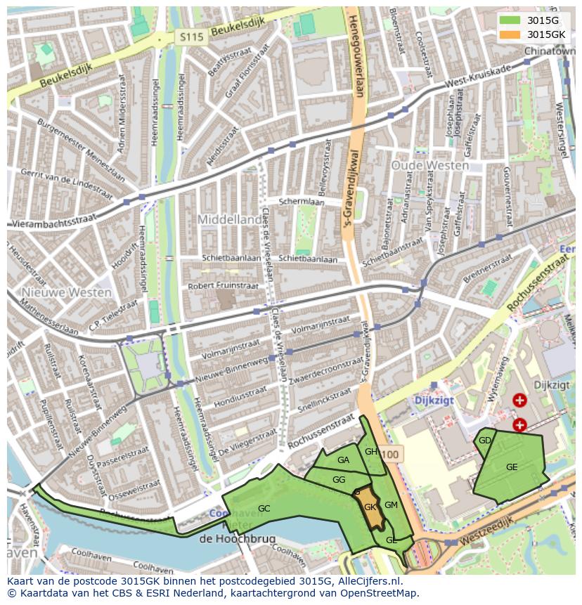Afbeelding van het postcodegebied 3015 GK op de kaart.