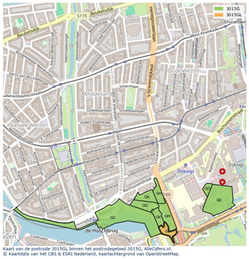 Afbeelding van het postcodegebied 3015 GL op de kaart.