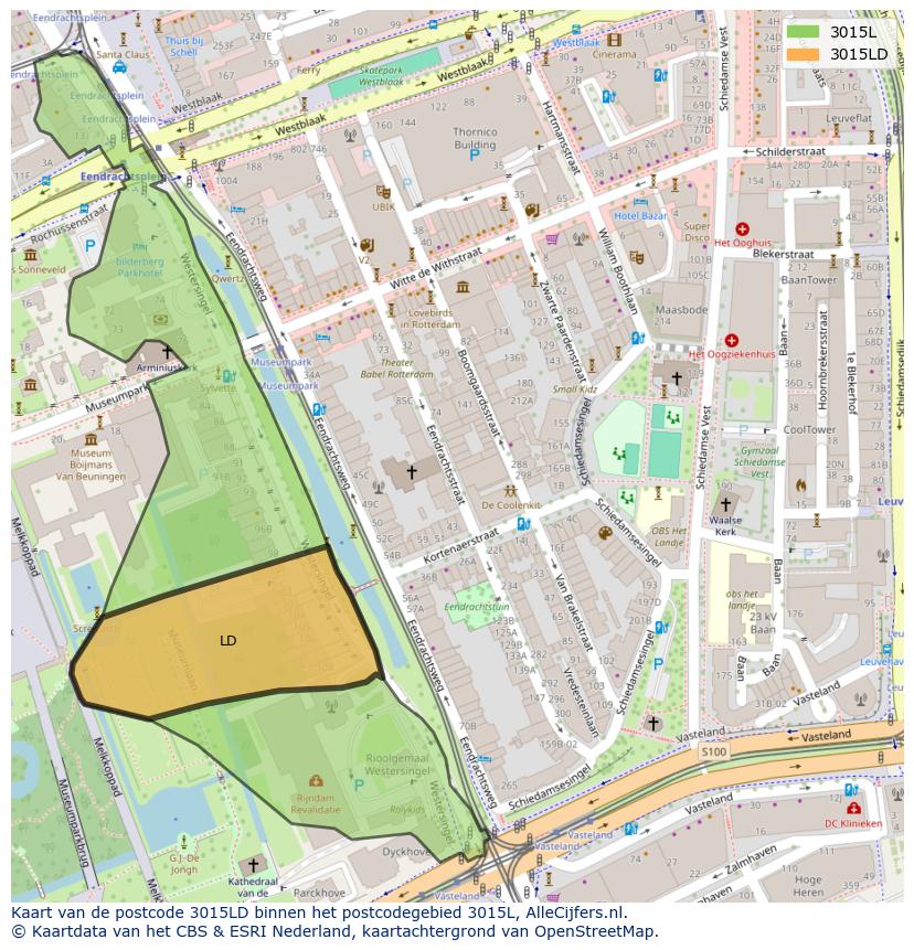 Afbeelding van het postcodegebied 3015 LD op de kaart.