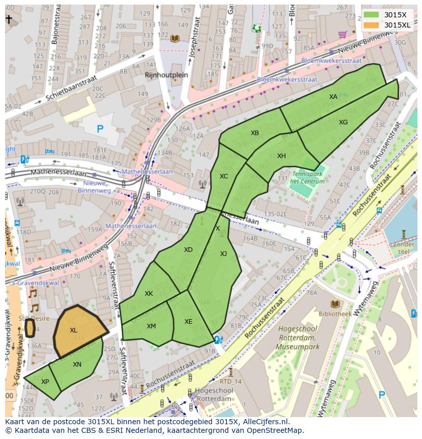 Afbeelding van het postcodegebied 3015 XL op de kaart.
