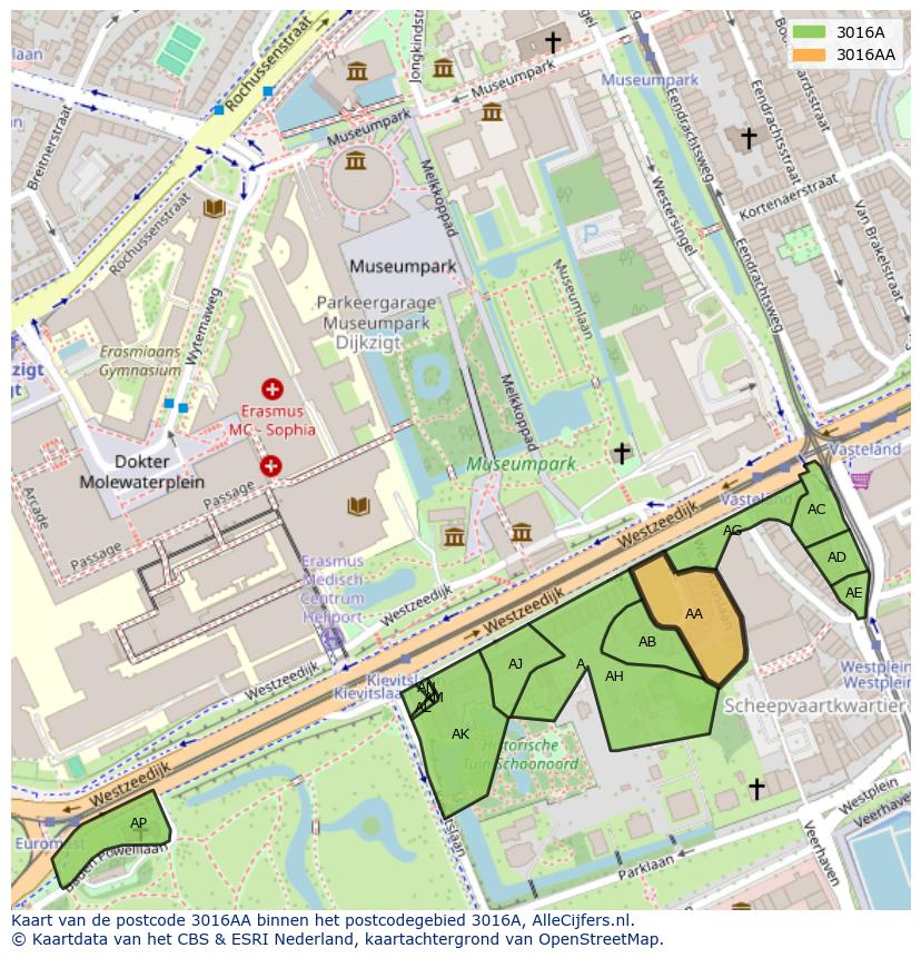 Afbeelding van het postcodegebied 3016 AA op de kaart.