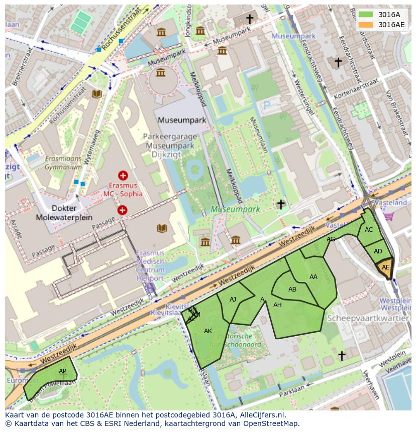 Afbeelding van het postcodegebied 3016 AE op de kaart.