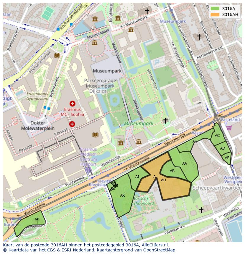 Afbeelding van het postcodegebied 3016 AH op de kaart.
