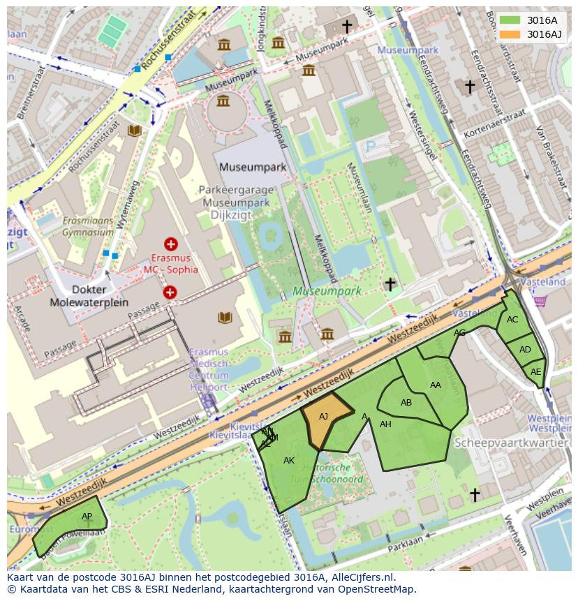 Afbeelding van het postcodegebied 3016 AJ op de kaart.