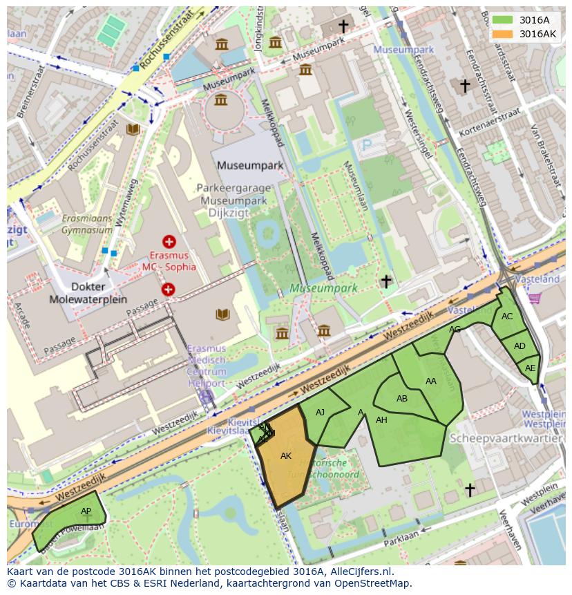 Afbeelding van het postcodegebied 3016 AK op de kaart.