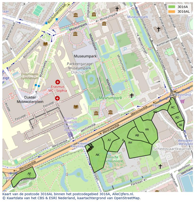 Afbeelding van het postcodegebied 3016 AL op de kaart.