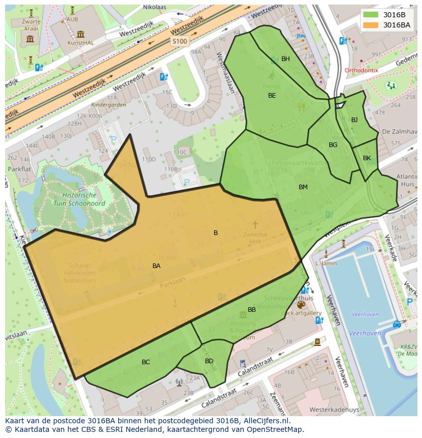 Afbeelding van het postcodegebied 3016 BA op de kaart.