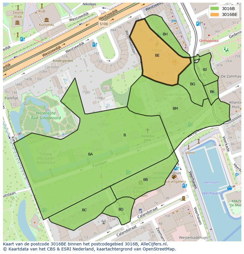 Afbeelding van het postcodegebied 3016 BE op de kaart.