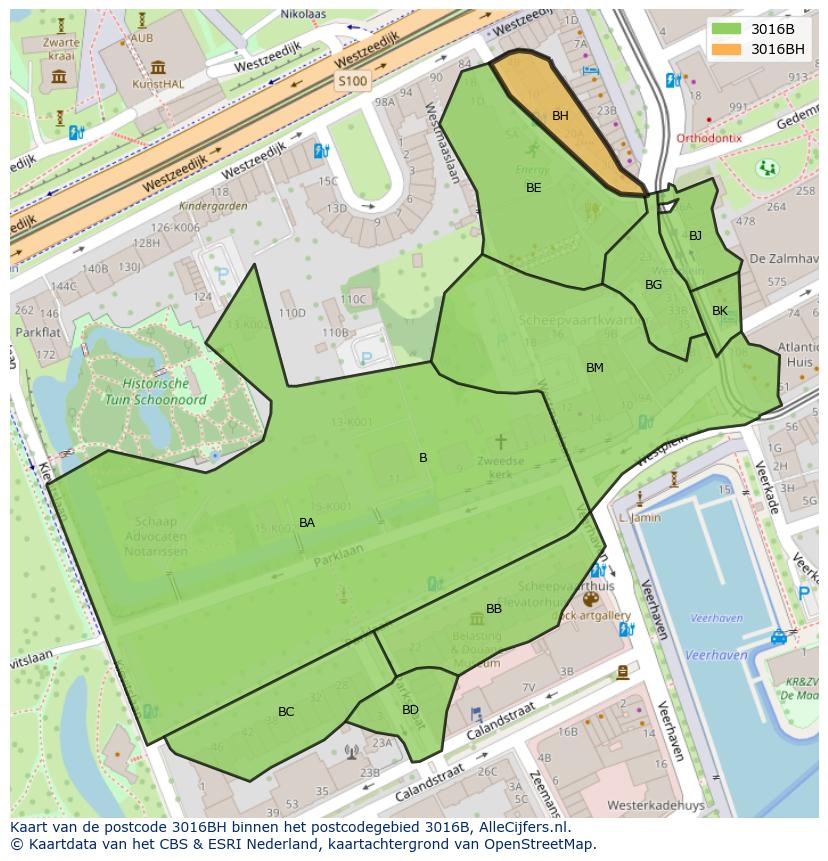Afbeelding van het postcodegebied 3016 BH op de kaart.