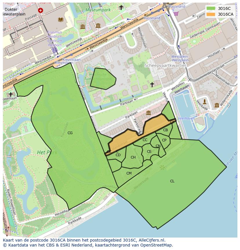 Afbeelding van het postcodegebied 3016 CA op de kaart.