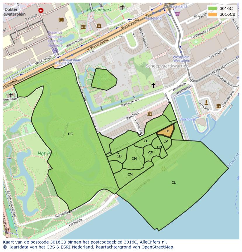 Afbeelding van het postcodegebied 3016 CB op de kaart.