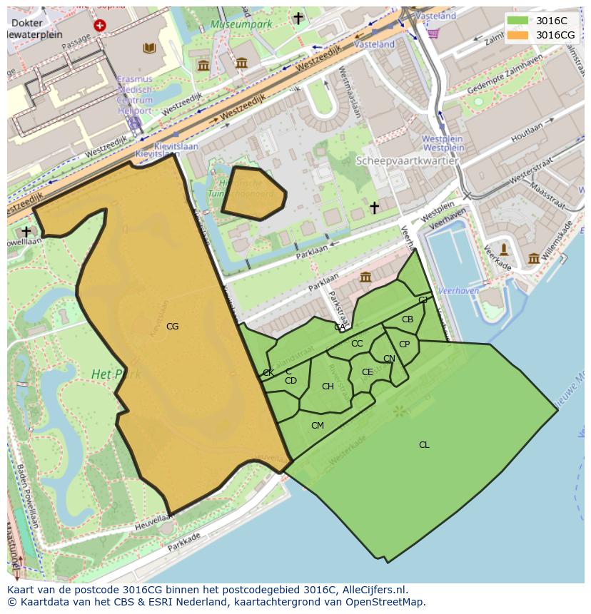 Afbeelding van het postcodegebied 3016 CG op de kaart.