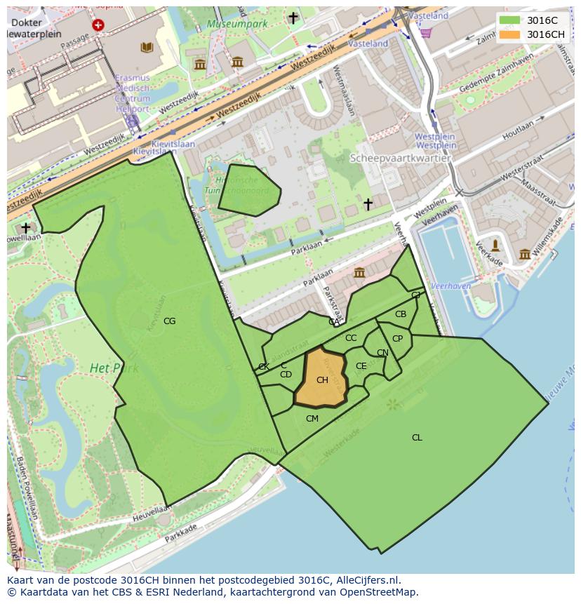Afbeelding van het postcodegebied 3016 CH op de kaart.