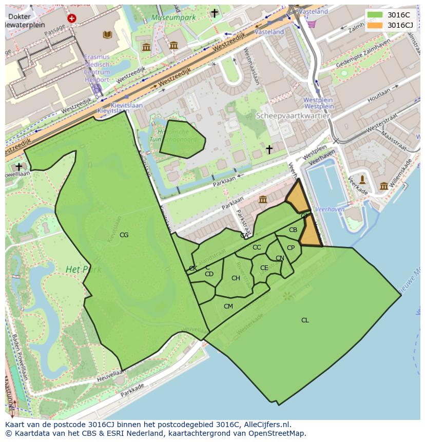 Afbeelding van het postcodegebied 3016 CJ op de kaart.