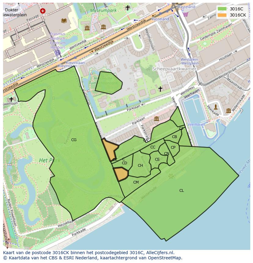 Afbeelding van het postcodegebied 3016 CK op de kaart.