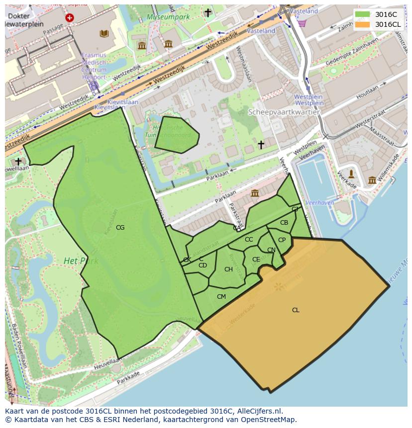 Afbeelding van het postcodegebied 3016 CL op de kaart.