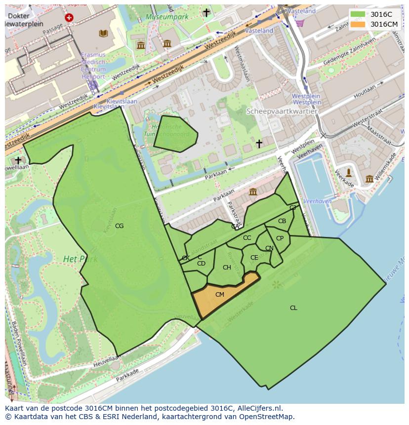 Afbeelding van het postcodegebied 3016 CM op de kaart.