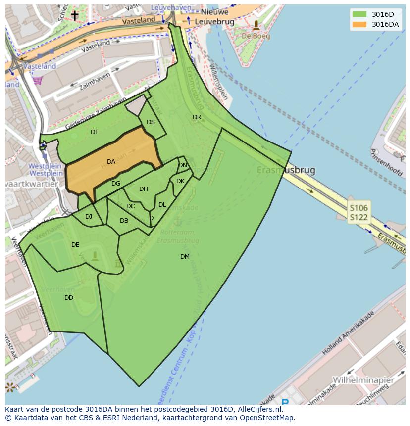 Afbeelding van het postcodegebied 3016 DA op de kaart.