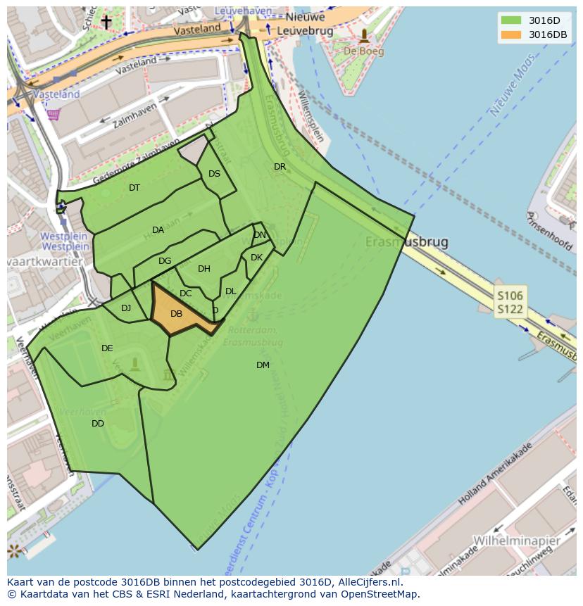 Afbeelding van het postcodegebied 3016 DB op de kaart.
