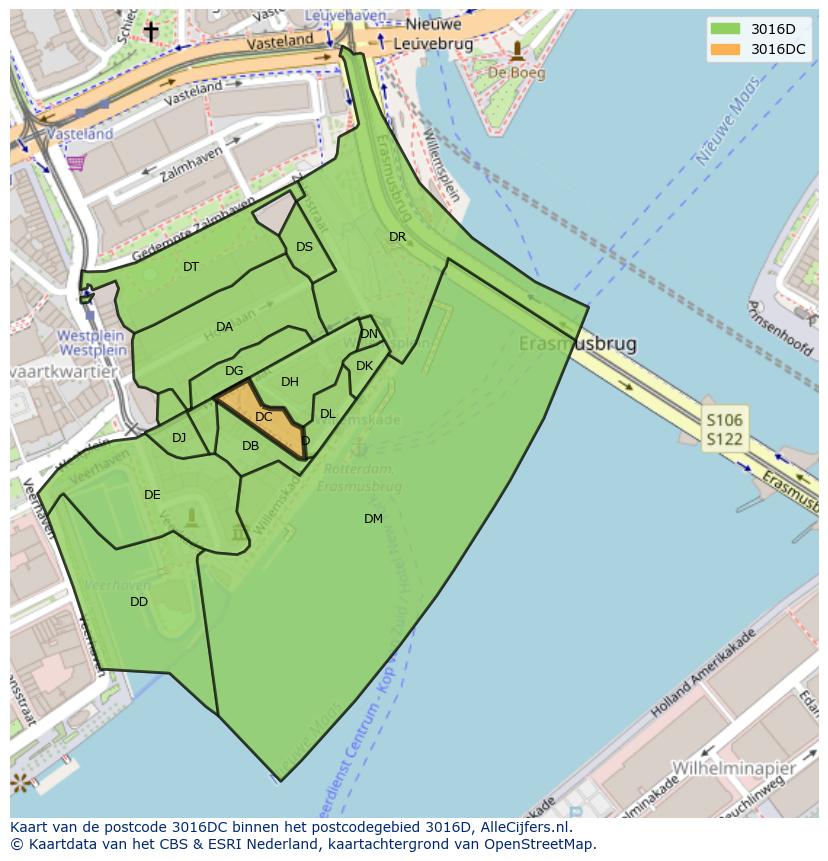 Afbeelding van het postcodegebied 3016 DC op de kaart.